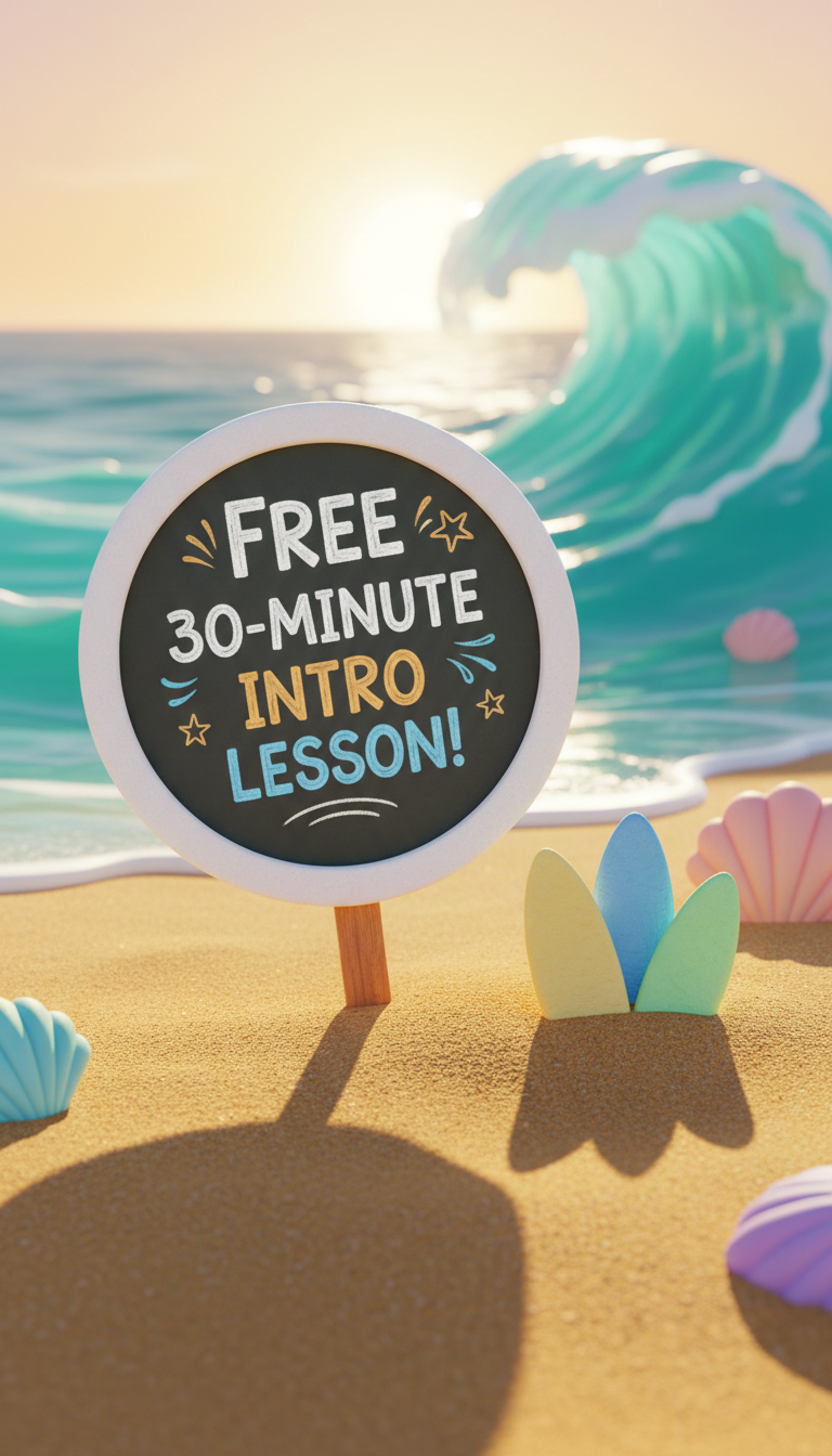 A bright, round, cartoon-inspired chalkboard sign with bold, bubbly hand-lettered text reading "Free 30-Minute Intro Lesson!" propped upright in luscious golden sand next to a stack of miniature, rounded foam boards. The background is a whimsical seascape with turquoise waves and oversized, stylized seashells half-buried in the sand. The soft, slanting evening sunlight paints everything in a warm, inviting glow, creating animated, playful shadows around the sign. Photographed from a playful, slightly tilted angle and following the rule of thirds, the image radiates approachability and excitement—perfect for promoting special offers for new surfers at a fun-loving surf instruction site.